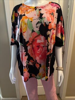 Sew In Love Black Floral Short Sleeve Tee with Pink, Coral & Yellow Roses